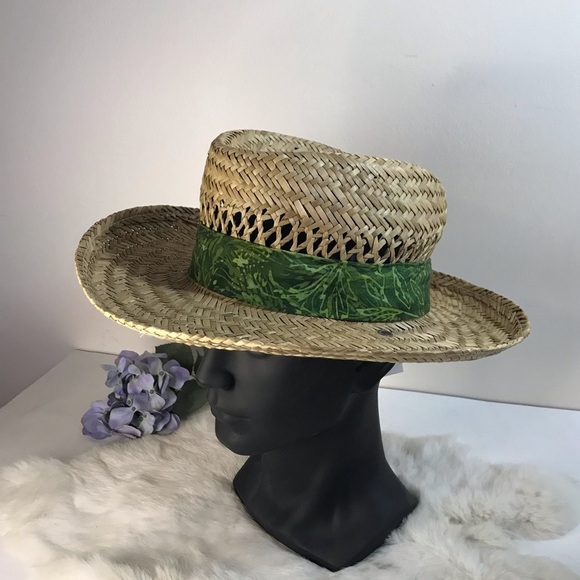 Vintage DPC Straw Woven Homburg Hat with Green Tropical Print Hat Band Unisex - Picture 2 of 8